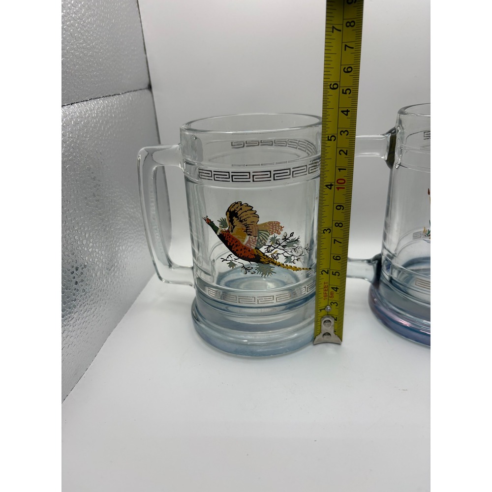 Vintage Wildlife Glass Beer Mugs Set of 2 Pheasant‎ & Mallard Duck Greek Key - Picture 7 of 11